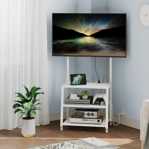 HOOBRO Rolling TV Stand with Mount and Power Outlet Up to 55 inch TV, Corner Entertainment Center, Small TV Stand with 3-Tier Storage Shelves for Living Room, Bedroom, White WW66UDS01 - color: White