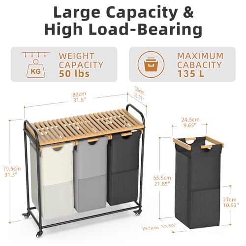 BambooHomie Laundry Hampers 3 Section, Laundry Sorter with Removable Shelf and Pull-Out Bags, Rolling Cart Clothes Hampers Basket with Wheels for Laundry Room Bathroom, 3 x 45 L (Black Beige Gray)