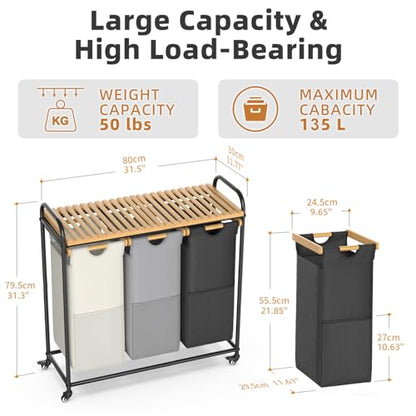 BambooHomie Laundry Hampers 3 Section, Laundry Sorter with Removable Shelf and Pull-Out Bags, Rolling Cart Clothes Hampers Basket with Wheels for Laundry Room Bathroom, 3 x 45 L (Black Beige Gray)