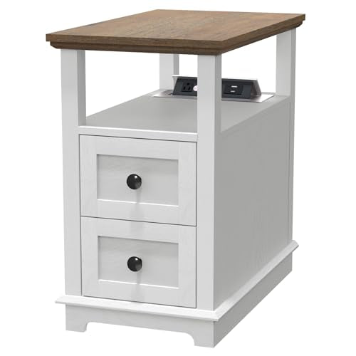 HIFYOBRO Narrow End Table with Flip Top Charging Station and 2 Drawers | Type-C & USB Port & Power outlets, Wooden Storage Cabinet, Side Table with Storage for Living Room and Bedroom - color: White, size: 1 Piece