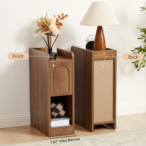 Narrow Nightstands Set of 2, Slim Bedside Tables with Raised Edge Top, Arched Drawer & Open Shelf, Modern Wooden Small End Tables for Bedroom Small Spaces (2, Walnut) - color: Walnut-arched Drawer, size: 2-Pack
