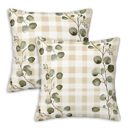 Neutral Beige Gingham Throw Pillow Covers 18x18 Set of 2 | Minimalist Botanical Cottagecore Square Cushion Cases for Sofa Bed Living Room | All-Season Home Decor, Decorative Pillowcases - color: Neutral Beige