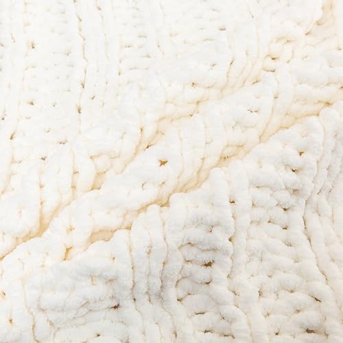 WESHIONGOO Chunky Knit Blanket Throw for Couch Bed 40"×60" Cream White | 100% Handmade Knitted Throw blanket Fluffy Soft Blanket With Jumbo Chenille Yarn Thick - color: Cream White, size: 40"x60"(Medium Size Throw)