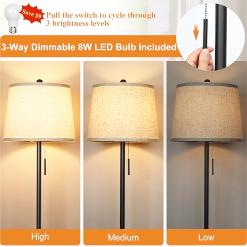 JUNNAI 【Upgraded】 Modern Black Floor Lamp 63in Standing Lamp for Living Room Bedroom Office 3 Way Brightness Dimmable Tall Pole Light with Beige Linen Shade Metal Shade 8W 3000K LED Bulb Included - color: Black