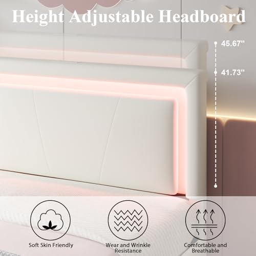 Twin Size Bed Frame with 4 Storage Drawers, Upholstered Headboard, White | Modern Bed, Charging Station, LED Light, Adjustable Height Headboard, Noise-Free, No Box Spring Needed, Easy Assembly - color: White, size: Twin