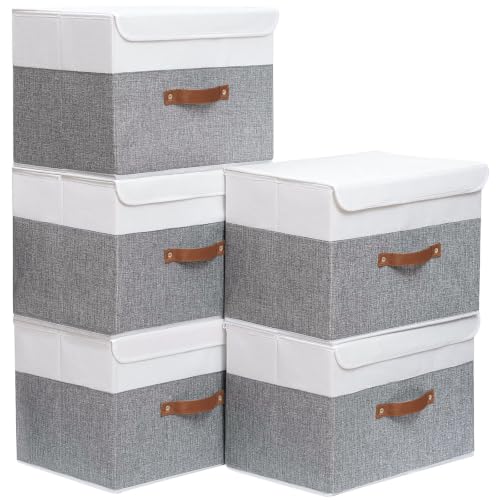 Yawinhe Fabric Storage Boxes with Lids,White/Grey,15.0x9.8x9.8in,5-Pack | Container with Leather Handle,Washable Storage Basket, Clothes Blanket Bin,Collapsible Closet Organizer for Bedroom - color: White/Grey, size: L/(5 Pack)