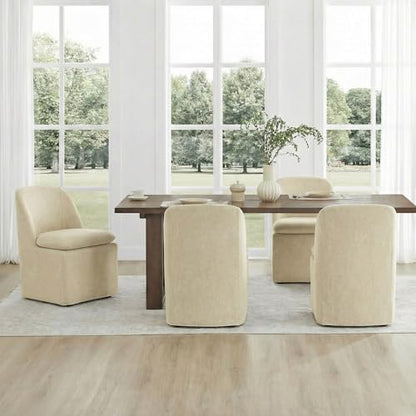 KISLOT Upholstered Dining Chairs Set of 1 with Casters, Modern Side Armless Deskchair with Washable Slipcover & Sturdy Metal Frame for Diningroom Bedroom Livingroom Reading Room, Sand Fabric