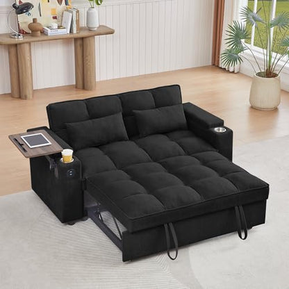 65'' 3-in-1 Folding Convertible Sofa Bed, Pullout Sofa, Modern Chenille Fabric, 360° Swivel Side Table, Easy Assembly, Perfect for Living Room, Black - color: Black