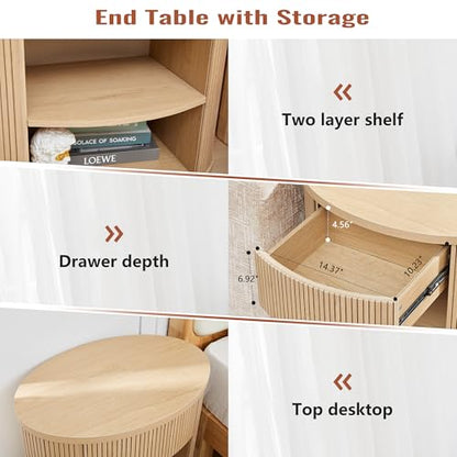 Fluted End Table with Drawer, Boho Side Table with Storage, Mid Century Modern Nightstand for Bedroom Bedside, Living Room Couch Sofa, Office, Desk Side Table for Small Spaces - color: Oval-natural