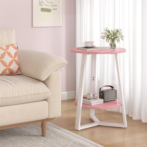 sthmec Small Round End Table, 2 Tier Side Table with Storage Shlef,Coffee Table Wooden Tabletop & Metal Frame,Round Accent Table Small Nightstands Couch Tables for Bedroom,Livingroom,Pink - color: Pink