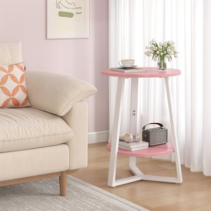 sthmec Small Round End Table, 2 Tier Side Table with Storage Shlef,Coffee Table Wooden Tabletop & Metal Frame,Round Accent Table Small Nightstands Couch Tables for Bedroom,Livingroom,Pink - color: Pink