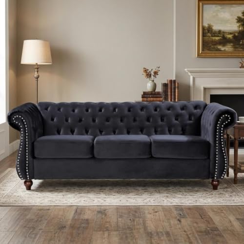 GDFStudio 82.6" Chesterfield Sofa Set, Modern Velvet Upholstered Sofa Set, Comfy 3 Seat Couch with Loveseat for Living Room Apartment, Button Tufted Rolled Arms Solid Wood Legs Spring Cushion, Black - color: Black, size: 3+2 Seat
