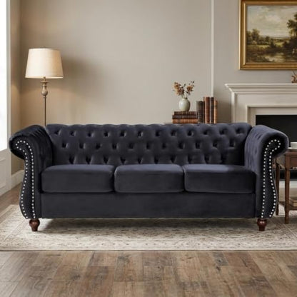 GDFStudio 82.6" Chesterfield Sofa Set, Modern Velvet Upholstered Sofa Set, Comfy 3 Seat Couch with Loveseat for Living Room Apartment, Button Tufted Rolled Arms Solid Wood Legs Spring Cushion, Black - color: Black, size: 3+2 Seat