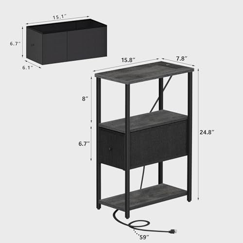 TUTOTAK Small Narrow LED End Table with Charging Station, Set of 2 | Side Table with Outlets, Nightstand with Cloth Drawer, Couch Table for Living Room, Bedroom, Charcoal Grey TB01BY059 - color: Charcoal Grey, style: 1 Drawer with Plug & Light