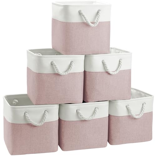 FinishingBo 11 inch Cube Storage Bin with Handles 6 Pack | Foldable Basket, Fabric Storage Bins, Closet Storage, Home Organizer (White/Pink) - color: White/Pink-6 Pack