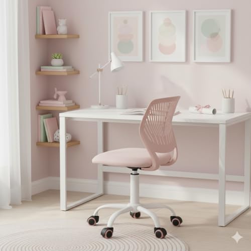 FurnitureR Pink Kids Desk Chair, Swivel Adjustable Study Chair with Fabric Cushion and Rolling Wheels, Armless Lightweight Task Chair for Cozy Study Rooms & Gifting - color: Pink