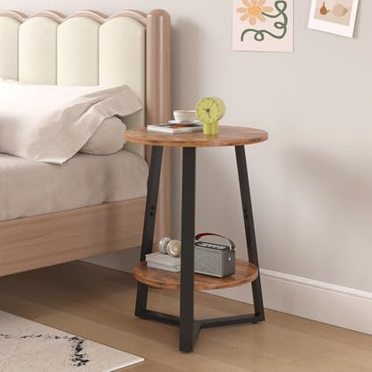 sthmec Small Round End Table, 2 Tier Side Table with Storage Shlef,Coffee Table Wooden Tabletop & Metal Frame,Round Accent Table Small Nightstands Couch Tables for Bedroom,Livingroom,Rustics Brown - color: Rustic Brown