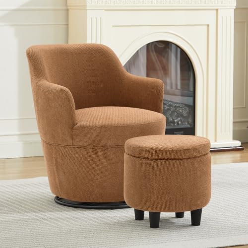LOULENS Swivel Accent Chair with Storage Ottoman, Brown | Linen, Small, Barrel, Reading Chair, Vanity Chair, Comfy Single Sofa, Armchair, For Living Room, Bedroom - color: Brown