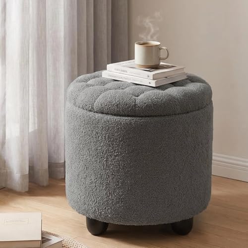 Modern Round Storage Ottoman, Upholstered Button Tufted Ottoman Footstool Ottomans with Removable Lid Storage Footstool for Living Room, Bedroom, Makeup Room, Teddy, Grey - color: Grey-1