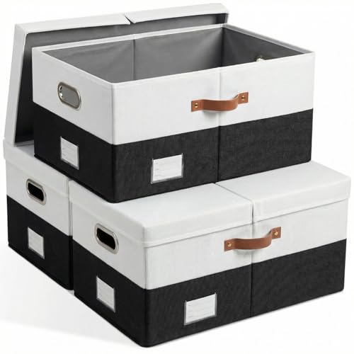 Storage Bins with Lids [3-Pack] Linen Fabric Foldable Storage Boxes Organizer Containers Baskets Cube with Cover for Bedroom Closet Office Grey&Black (23.4X15.9X11.4) - color: Black & White, size: XL(3-Pack)