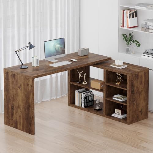HSH L Shaped Desk with Storage, Home Computer Desk, Rustic Brown, 55 Inch | Reversible Industrial Wood Executive Workstation with Cabinet Shelves, L-Shaped Home Office Table for Study Writing Gaming - color: Rustic Brown