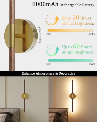 40" Battery Operated Wall Sconce Set of 2, 350° Rotating Lamp, Walnut Gold | Wireless, 8000mAh Rechargeable Battery, Stepless Dimming, 3000K-6000K, Remote & Touch Control, Timer, Living Room, Bedroom - color: Walnut Gold, size: 40 Inch (2 Pack)