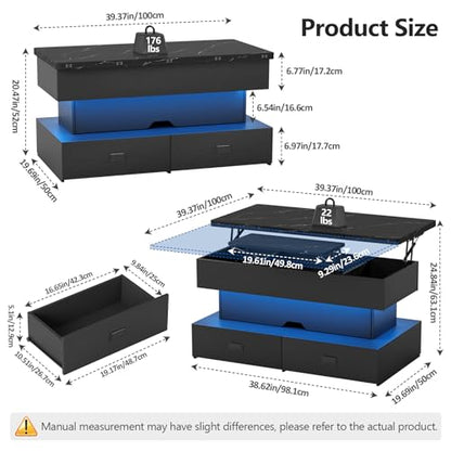 Turosur 40" Lift Top Coffee Table, LED Coffee Tables with Storage and 4 Drawers, Coffee Table with Lifting top for Living Room Home Office, Black - color: Black
