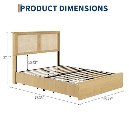 Garvee Full Rattan Bed 4 Drawers Bohemian Headboard for Bedroom | Bohemian full rattan bed with natural headboard, 4 drawers, LED lights,No box spring needed for bedroom use. - size: Full(4 Drawers)