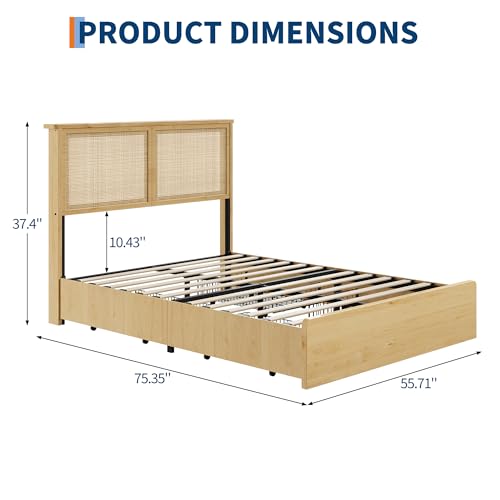 Garvee Full Rattan Bed 4 Drawers Bohemian Headboard for Bedroom | Bohemian full rattan bed with natural headboard, 4 drawers, LED lights,No box spring needed for bedroom use. - size: Full(4 Drawers)