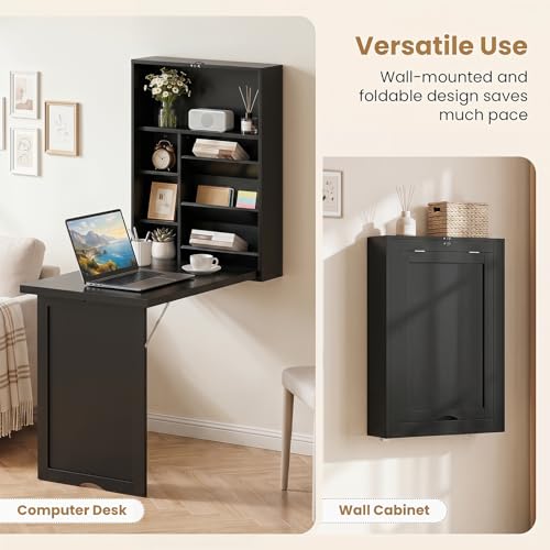 Giantex Wall Mounted Desk, Foldable Convertible Computer Desk with Storage Shelves, Space Saving Fold Out Table, Folding Floating Writing Desk for Small Spaces, Home Office, Bedroom, Apartment (Black) - color: Black