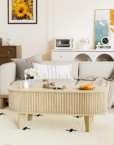 Oval Coffee Table with Lifting Top, 41" Fluted Coffee Table with Storage for Living Room or Home Office, Oak - color: Oak