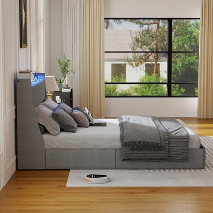 SADENICEL King Size Bed Frame with 4 Storage Drawer, King Bed Frame, Grey | Headboard with Charging Station and LED Lights, Metal Platform Bed with Storage Shelf, Noise Free, No Box Spring Needed - size: King, style: Channel Tufted & 4 Storage Drawers