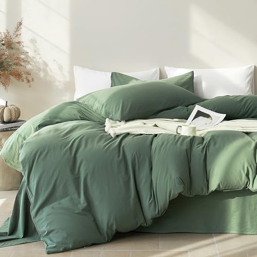 JELLYMONI 100% Cotton Twin Duvet Cover Set, Washed Linen-Like Texture | Pre-Shrunk, with Natural Wrinkles, Wide Zipper Opening, Colorfast, 8 Reinforced Ties,1 Duvet Cover&1 Pillowcase - color: 01- Dusty Green, size: Twin(68"×90")