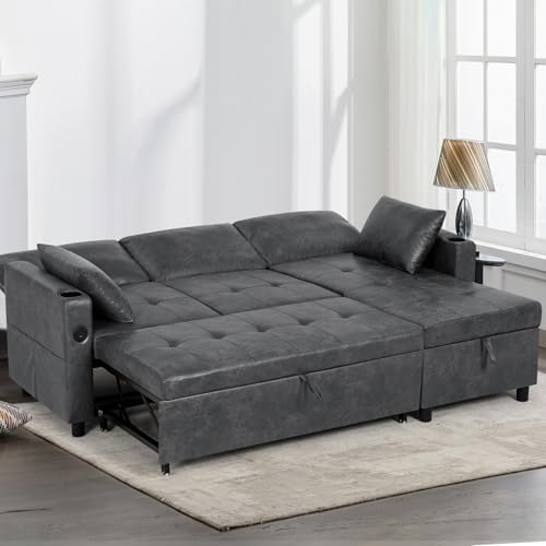 84 inches Suede Leather Sleeper Sofa w/Pull Out Bed, Grey | L-Shape Sectional Sofa Bed w/Adjustable Backrest and Storage Chaise, 3-Seats Upholstered Sofa Bed w/USB Port for Living Room - color: Grey, size: 84"