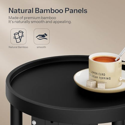 HOOBRO Small Round Side Table with Charging Station, 2-Tier Round Bamboo End Table, Compact Sofa Bedside Table for Small Space, Easy Assembly, for Living Room, Bedroom, Apartment, Black BB156UBZ01 - color: Black