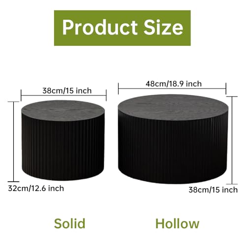 18 inch Round Black Fluted Nesting Coffee Table Set of 2, C Small | Spray Painting Finish, For Living Room, Mid-Century Modern Style, Nestable Design, Nested Side Table, For Small Spaces - color: C Small
