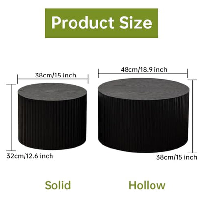 18 inch Round Black Fluted Nesting Coffee Table Set of 2, C Small | Spray Painting Finish, For Living Room, Mid-Century Modern Style, Nestable Design, Nested Side Table, For Small Spaces - color: C Small
