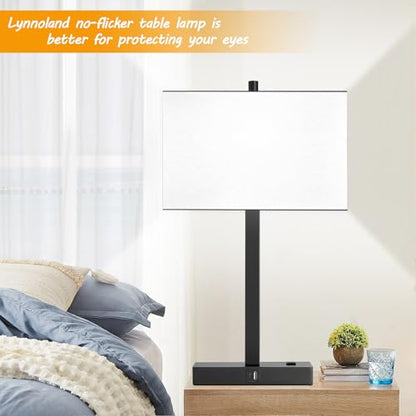 Lynnoland 21" Set of 2 Table lamp with USB A+C & AC Outlets, Touch Control 3-Way Dimmable Nightstand Lamps for Bedroom Living Room Office Reading, White Shade Touch Lamps, 5000K LED Bulbs Included - color: (2 Pack)White Line & Matte Black (Base)-Two 5000K