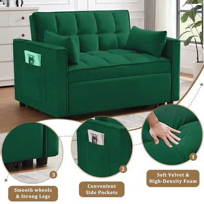 55" Pull Out Sleeper Sofa, Velvet Loveseat with Side Pockets, Green | Velvet upholstery, 5-level adjustable back, Pull-out bed design, Sturdy frame with side pockets - color: Green