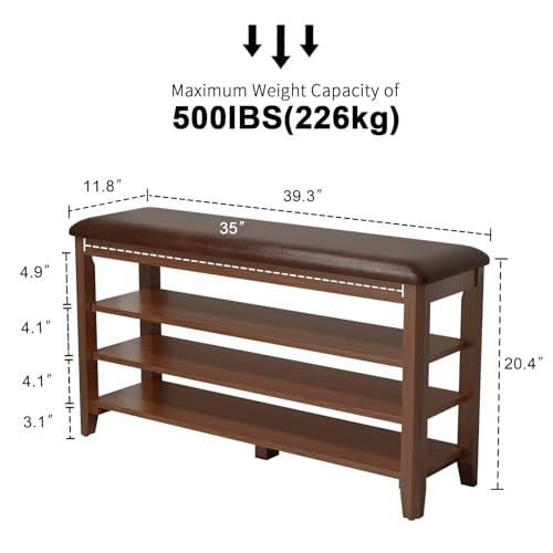 AQIMUELE Shoe Bench with Leather Cushion, 3 Tiers Shoe Storage Bench Height Adjustable, Walnut Wood Entryway Bench for Hallway, Mudroom - color: Walnut, size: 39.4"