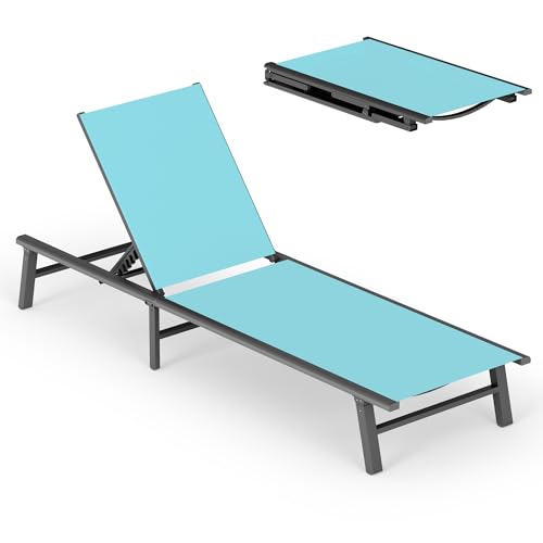 Foldable Outdoor Lounge Chair, No Assembly Patio Chaise Lounge Outdoor with 5-Positions, Aluminum Pool Lounge Chair with Portable Design for Pool, Beach, Deck, Backyard, Lake Blue - color: Lake Blue-upgraded, size: 1 Pack