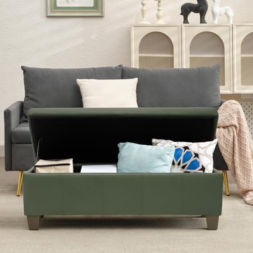 41" Storage Ottoman, Storage Bench with Safety Hinge, Upholstered Synthetic Leather Ottoman Bench for Bedroom, Living Room, Entryway, Hallway, Foot Rest, Support 500lbs - color: Teal, size: 41 inch