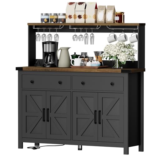 VVFLU Hutch Storage Cabinet Buffet with Drawers, and Charging Station, Coffee Bar Cabinet with Barn Doors, Wine Rack and Hooks, Countertop, Long Farmhouse, Black, for Kitchen, Dining Room, 54.1" High - color: Black/Wood, size: 15.7"D x 55.1"W x 54.1"H