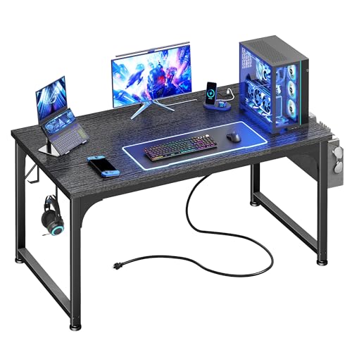 DurayLoly 47 x 24 inch Desk, 24mm Thick Heavy Duty Gaming Desk with RGB LED & Power Outlets, Detachable Stand, Hooks & Storage Bag, 110LBS Capacity, Home Office Computer Desk, Black - color: Black, size: 47 Inch