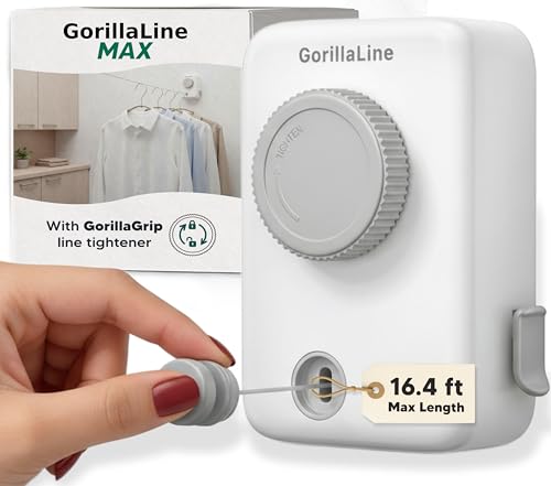 Max - Retractable Clothesline Indoor Outdoor Clothes Line - Heavy Duty Clothes Drying Laundry Line - Wall Mounted Drying Rack - Air Dry Clothing - Max Tighten with GorillaGrip - style: White - Upgraded Model