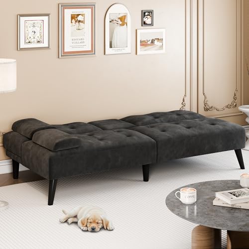64" Futon Sofa Bed, Convertible Loveseat with 2 Cup Holders, Small Couch with 3 Adjustable Angles, Removable Armrests, Small Sofa for Apartment, 5.3 FT, Black - color: Black
