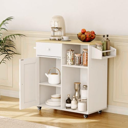 HOOBRO Kitchen Island, Storage Cabinet with Drawer, Kitchen Cart with Spice and Towel Rack, Saving Space, Easy Assembly, for Living Room, White and Natural WN12ZD01 - color: White + Natural