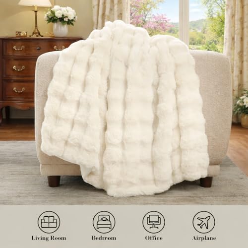 Faux Fur Throw Blanket, Ultra Soft Fuzzy Plush Bubble Blanket for Couch, Bed & Living Room, 60"x80", Cream White - color: Cream White, size: 60" x 80"