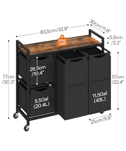 HOOBRO Laundry Sorter with 4 Section, 34 Gal. (127 L) Laundry Hamper with Wheels, Rolling Laundry Basket with Shelf, Pull-Out Detachable Bags, Side Pockets, Rustic Brown and Black BF14XY01N1 - color: Rustic Brown + Black