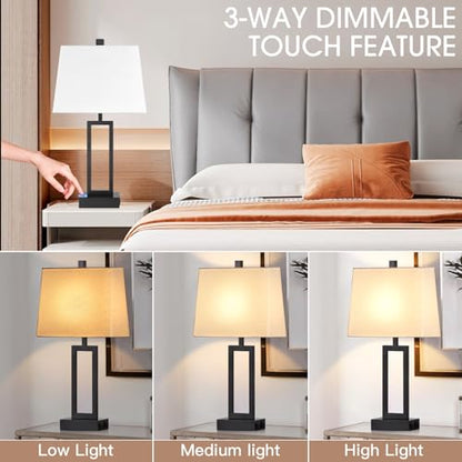 23.5" Touch Control Table Lamps Set of 2, Bedside Lamp with 2 USB Ports & AC Outlet, 3-Way Dimmable Nightstand Lamp with White Linen Shade for Living Room Bedroom End Table Office(2 LED Bulb Included) - color: White